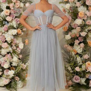 Sweetheart Neck Zip Back Mesh Dress Dusty Blue